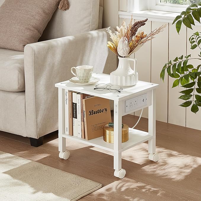 YUFAM 2 Tier Under Desk Printer Stand with Charging Station, White | Wooden Small Printer Table for Home Office, Rolling Printer Cart Shelf with Lockable Wheels