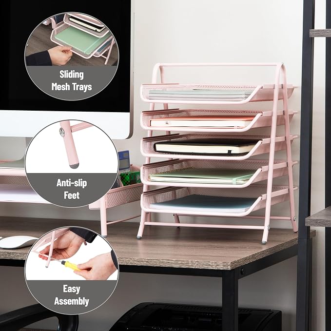 Mind Reader 5-Tier Paper Tray Organizer, Vertical Desktop File Storage Rack, Office, Metal Mesh, Pink