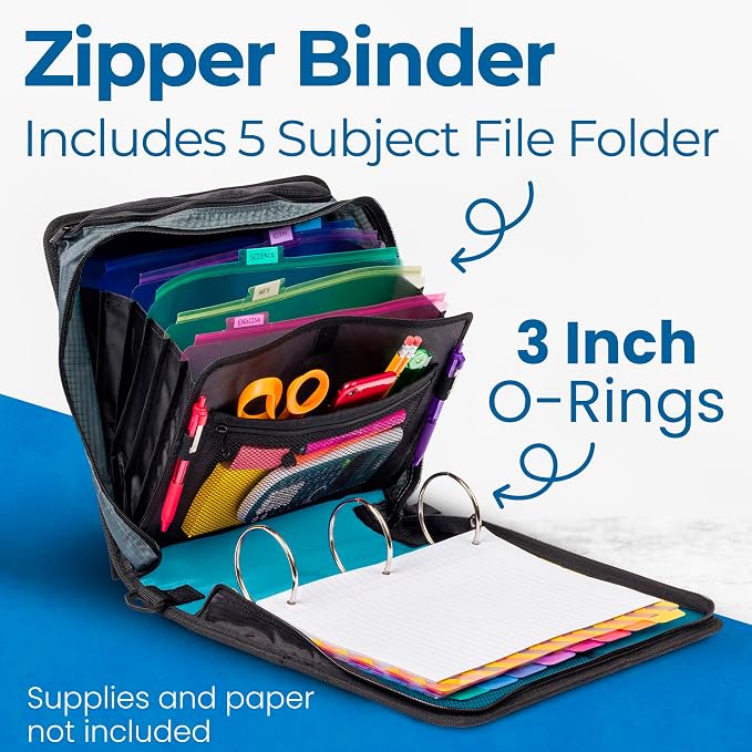 Case-it School Zipper Binder | 3-Inch O-Rings | 600-Sheet | D-146 Teal | Mighty Zip Tab, 5-Color Tab Expanding File Folder, Shoulder Strap, Handle, Office