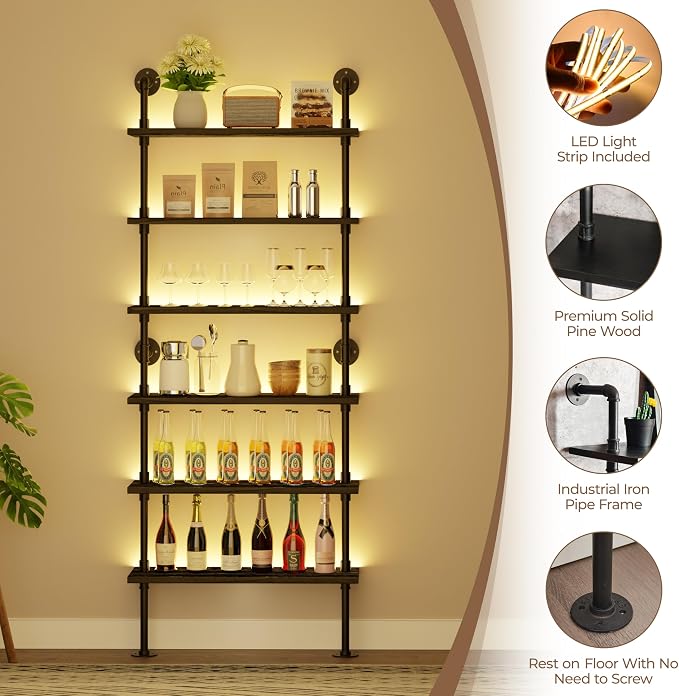 6-Tier LED Ladder Shelf, Wall Mounted Pipe Bookshelf, Black 36 Inch | Solid pine 6-tier wall mounted pipe bookshelf with warm LED lights, 40 lb shelves, for books, plants and decor