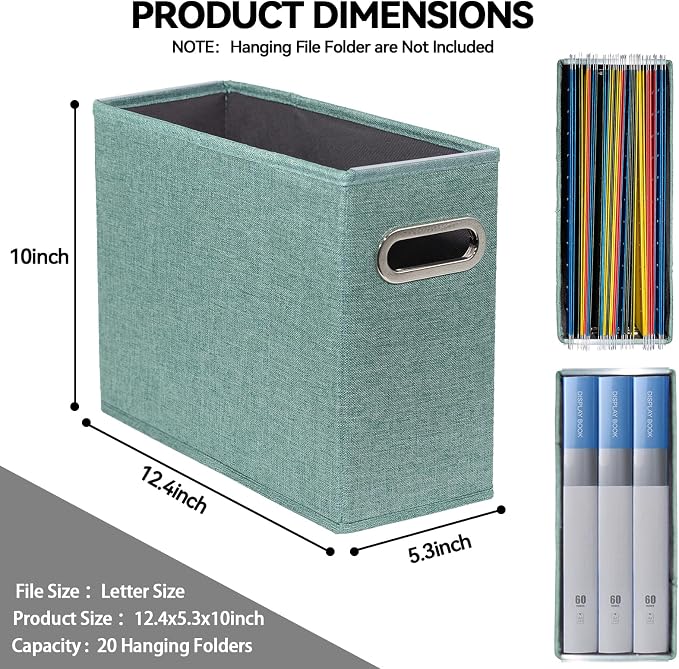 2 Pack Letter Size File Storage Box Collapsible，Fabric Hanging File Folders Organizer, Portable Office Document Holder with Metal Handle, Smooth PVC Rails, Green