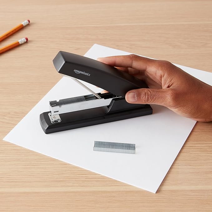 Amazon Basics Desktop Stapler with 1000 Staples, Office Stapler, Lightweight, Easy to Use, 25 Sheet Capacity, Non-Slip, Black, 3 Pack