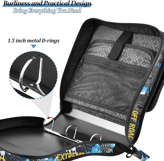 Custom Truck Black Blue Pattern 3 Ring Zipper Binder with Shoulder Strap & Handle 1.5 Inch D-Ring Zippered Bag with Multiple Pocket, Personalized Binder Organizer for School or Office