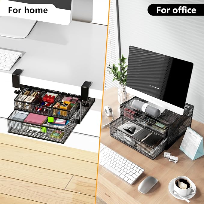 Under Desk Drawer Organizer No Drill Metal Under Desk Storage Drawer Container 2 Slide Out Cabinet Drawer Suitable for Home And Office (Medium)
