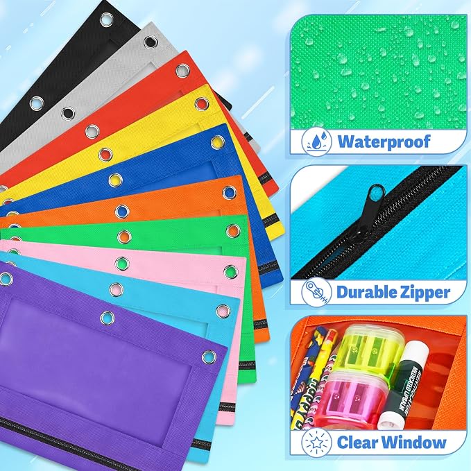 Letapapa 100 PCS Pencil Pouch for 3 Ring Binder, Zipper Pencil Pouches in 10 Colors, 3 Ring Pencil Pouches with Clear Window, Binder Pencil Pouch Bulk for Classroom Office School Supplies | Pencil Pouch for 3 Ring Binder, Zipper Pencil Pouches with Cle...