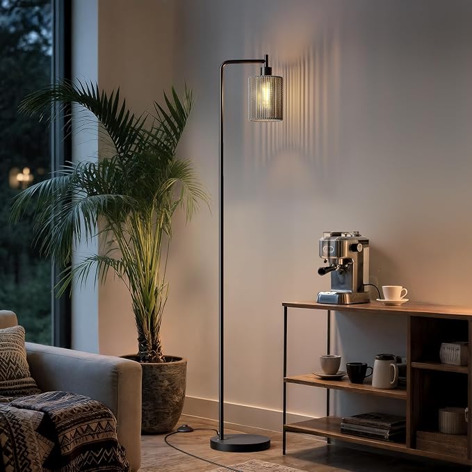 66" Black Floor Lamp for Living Room, Boho Floor Lamp with LED Bulb, Foot Switch, Gray Rattan Shade, Industrial Tall Farmhouse Standing Lamp for Bedroom, Dining Room, Study Room, Office