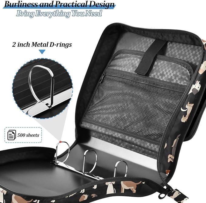 Dog Black Background Pattern 3 Ring Binder Bag 1.5 inch Binder Organizer with Zipper Shoulder Strap 500 Sheet Documents Storage for School Office