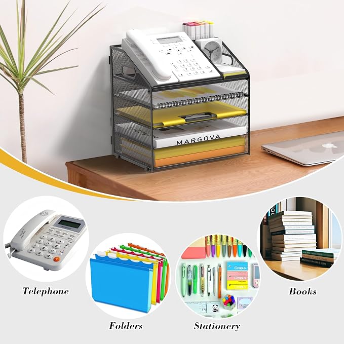 5 Tier Mesh Desk Organizer with Pen Holder and Handle Letter Tray | Metal desktop document shelf and paper sorter. Premium mesh workspace storage for office, home, and classroom