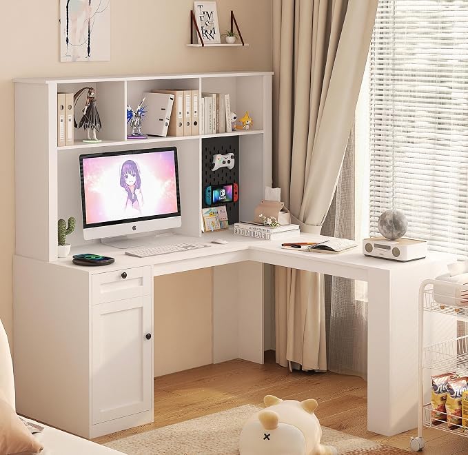 KEIKI L Shaped Home Office Desks with Outlet, Pegboard, Hutch, Drawers, Bookshelf & Storage Shelves, Modern Wooden Gaming Computer Corner Table for Work, Study, Writing