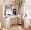 KEIKI L Shaped Home Office Desks with Outlet, Pegboard, Hutch, Drawers, Bookshelf & Storage Shelves, Modern Wooden Gaming Computer Corner Table for Work, Study, Writing