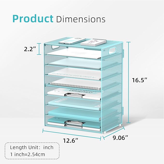 9-Tier Paper Organizer for Desk, Metal Mesh Letter Tray with Handles, Blue | Desk File Organizer with Removable Trays for Sorting Files, Folders, Mail and Printer Paper at Home, School or Office