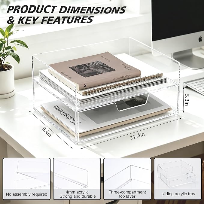 2-Tier Paper Tray Organizer with Drawer - Stackable Acrylic Desk Organizer | clear document sorter, vertical file holders, letter storage, workspace accessories, home, office, school, teachers, students