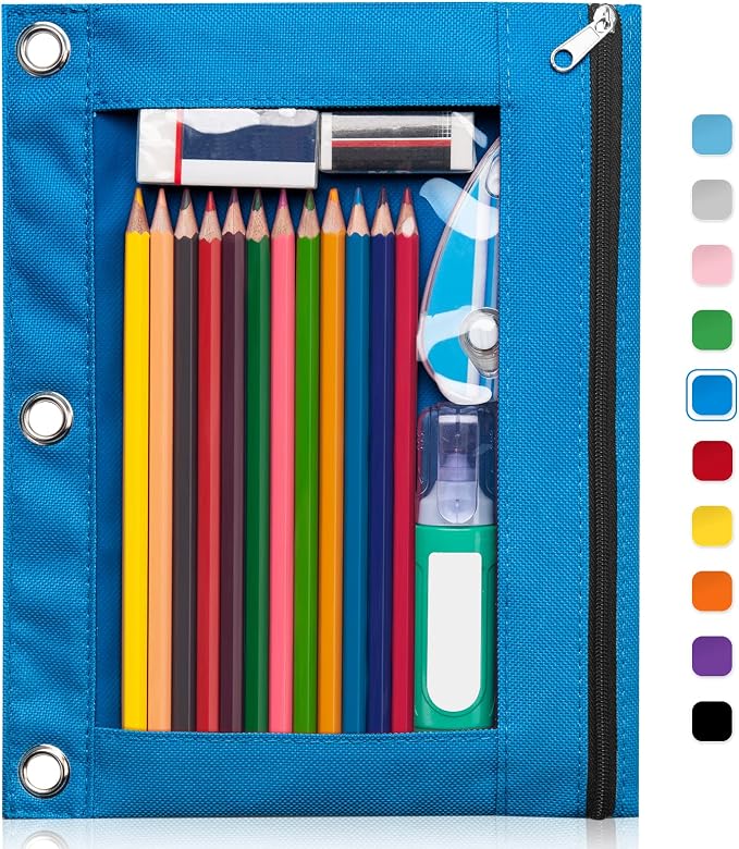 Forvencer Pencil Pouch for 3 Ring Binder, Clear Window Pencil Case Binder | Smooth Zipper Pencil Bag, Big Capacity 3 Ring Binder Pencil Bag with 3 Reinforced Grommets, Azure Blue