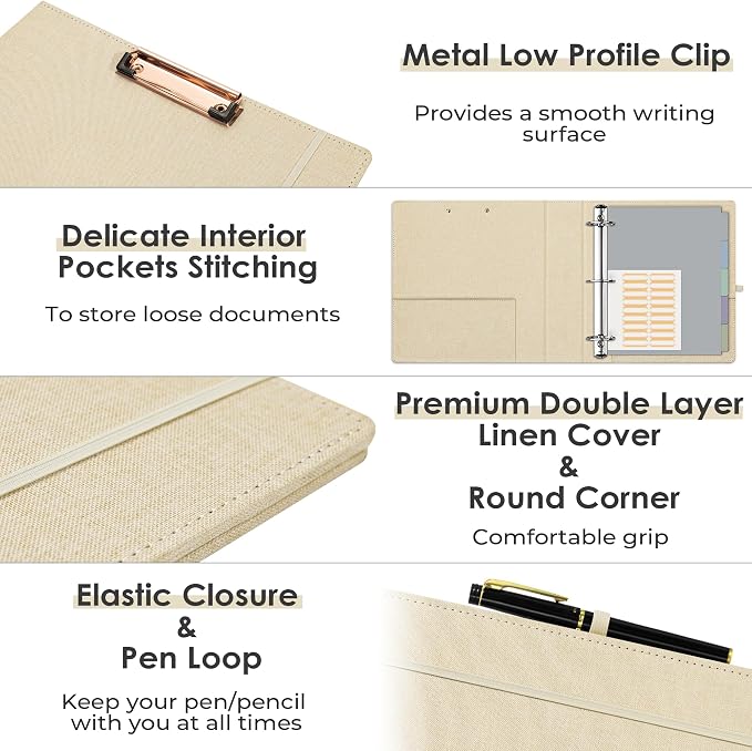 EYROZILL 3 Ring Binder 2 Inch, Binder for Letter Size (11" x 8.5") with 5 Tab Dividers, File Folder Labels and Low Profile Clipboards, Apricot