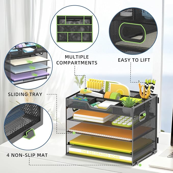 5 Tier Desk Organizer, Mesh Letter Tray Paper Organizer with 4 Adjustable Storage Compartments & Pen Holder, Metal Desk Accessories for Home Office School, Black