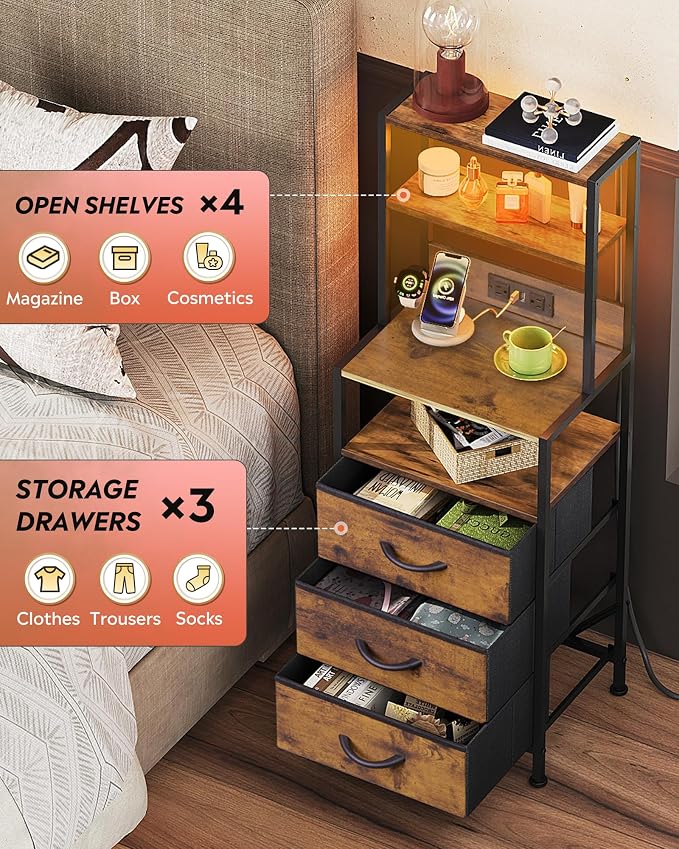 WLIVE Tall Nightstand with 3 Fabric Drawers, Night Stand with Charger Station and Open Shelves, LED Nightstand, Bed Side Table for Bedroom, Living Room, Rustic Brown