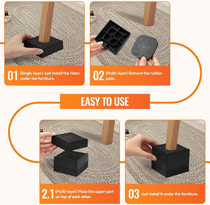 Furniture Risers, 8 Pack Bed Risers with Non-Slip Grip and Heavy Duty Support, 1 Inch 2 Inch 3 Inch 4 Inch Height Lift for Couch, Sofa, Table, Desk, Chair, Refrigerator - Black, 1+1+1+1 Inch