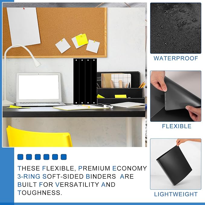 Fulmoon 12 Pcs Economy View 3 Ring Plastic Binder 12.2 x 9.8 Inch Plastic Round Ring Binders with Pockets Notebinder for Meetings for Home, Office, School(Black, 1.5 Inch)