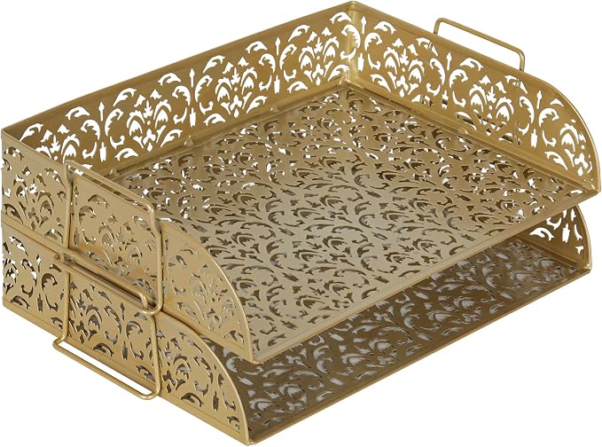 EasyPAG Paper Organizer for Desk 2 Tier Stackable Paper Tray for A4 Legal Size Folders Metal File Storage Desktop Organizer for Home Office School Teacher, Gold