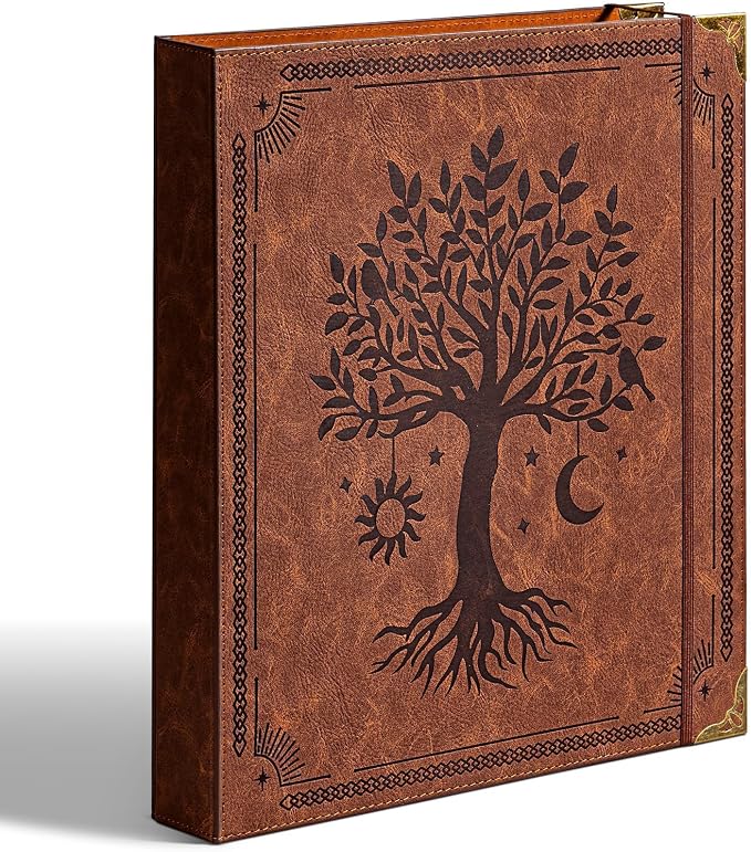 Ovesmusl PU Leather D Ring Binder, 1.5 Inch Brown Tree | Fits 8.5x11 letter paper, holds 400 sheets, inner pockets, loose leaf organizer