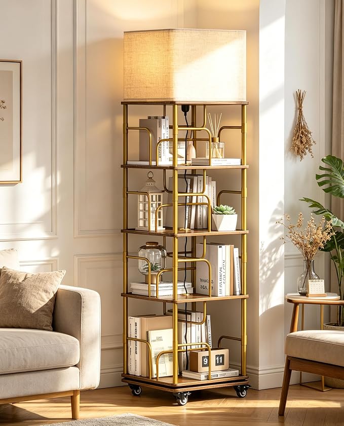 4 Tier Rotating Bookshelf Tower, 360° Spinning Book Shelf with Lights&Wheels,Square Revolving Bookcase Organizer,Narrow Swivel Bookshelves Turning Corner Bookshelf for Small Space,Gold