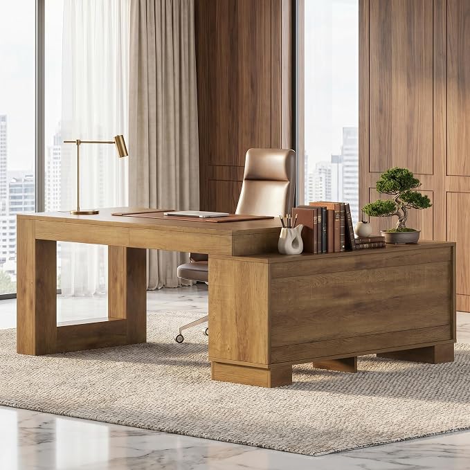 LITTLE TREE L Shaped Executive Desk, Large 63" Executive Desk with File Cabinet, Modern L Shaped Desk, Corner Computer Desk for Home Office & Business Furniture Workstation, Brown