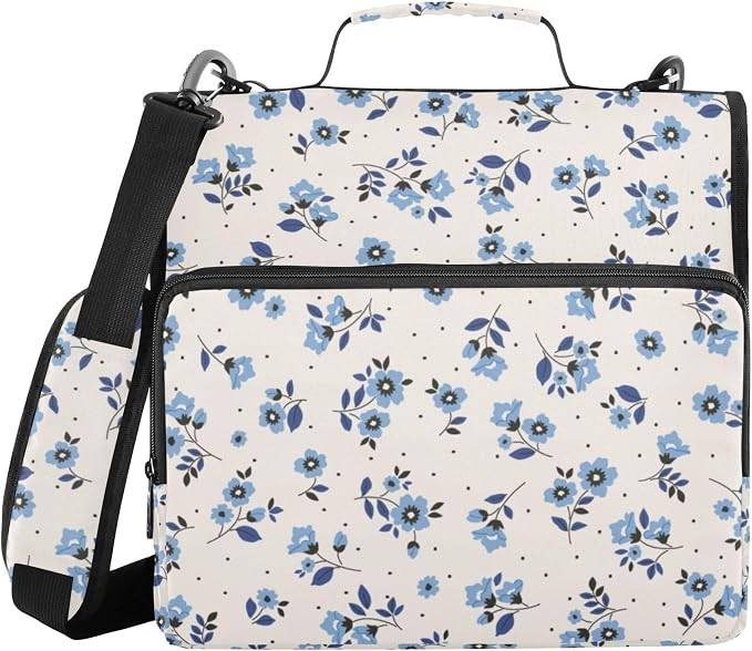 Fisyme Floral Blue Flowers Zipper Binder 3 Ring with Zipper and Shoulder Strap Large Capacity Multi-Pocket Zipper Binder Organizer