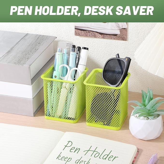 Segarty Pen Cup Holder, 3 Pack Square Light Green Pen Holder for Desk, Cute Mesh Pencil Cups Container Set Desktop Organizer for Office Supplies, School Classroom, Home Storgae and Organization
