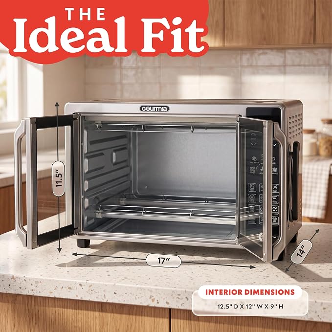 Gourmia French Door Air Fryer Toaster Oven - 6 Slice Capacity, Temperature Probe, 18 Cooking Presets, FryForce, Digital Display, 3 Rack Positions, Dishwasher-Safe Accessories, Stainless Steel