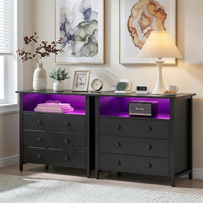27 Inch LED Nightstand with Charging Station & 3 Drawers, Retro | RGB App Control, 2 AC Outlets & 2 USB Ports, Open Storage, Adjustable Feet, Wood Tall Nightstand for Bedroom or Office