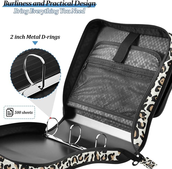 Fisyme Leopard Zipper Binder 3 Ring with Zipper and Shoulder Strap Large Capacity Multi-Pocket Binder Organizer