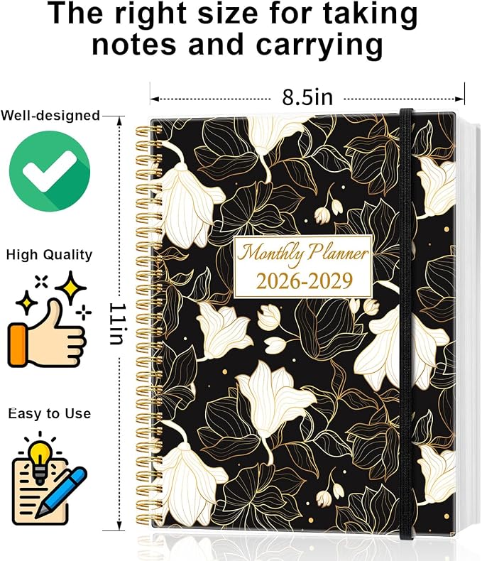 2026-2029 Monthly Planner - 36 Month PLanner Calendar from July 2026 to June 2029, 3 Year Planner 2026-2029 with Flexible Cover, Inner Pocket, Perfect for Home | School | Office, 8.5" x 11", White Gold Flower
