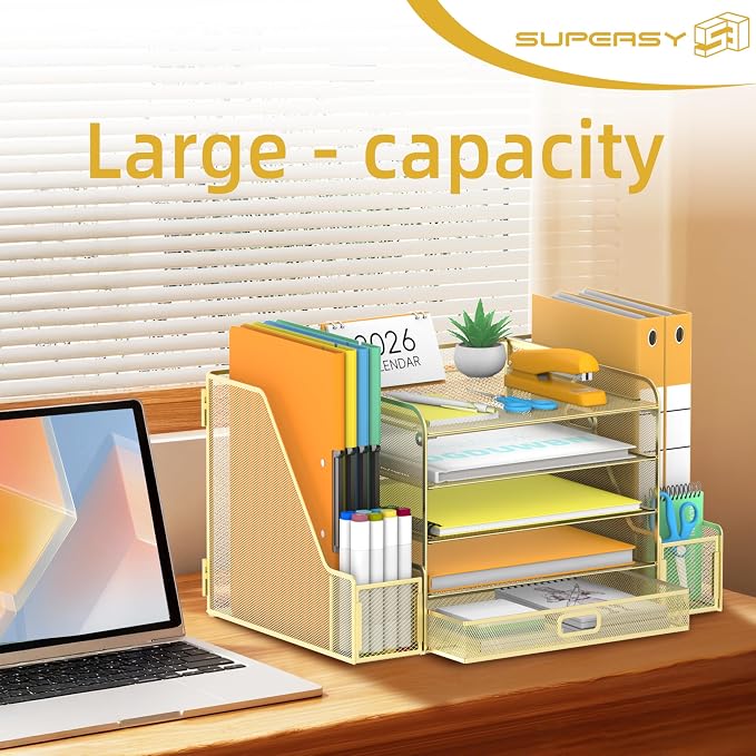 Mesh Desk Organizer with File Holder, 5-Tier Paper Letter Tray Organizer with Magazine Holder, Desktop Organizer and Storage with Drawer for Office Supplies Home or School (Golden) | Two side magazine holders and a bottom drawer store papers, folders, ...
