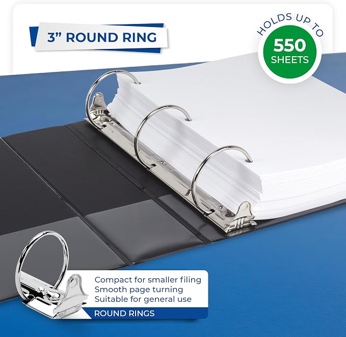 Samsill 3 Inch 3 Ring Binder, Economy Round Ring, Clear View Cover, 550 Sheet Capacity - for School, Home, Office - Black