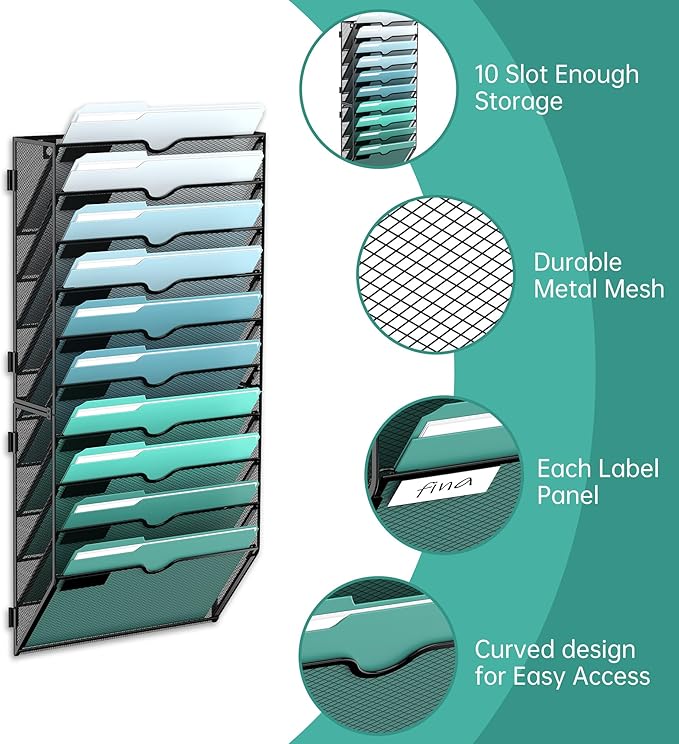 10-Tier Wall File Organizer, Hanging File Holder, Wall Mounted Mail Sorter | Metal Mesh Hanging File Organizer with Open Compartments and Label Panels for Papers and Folders at Home, Office or School