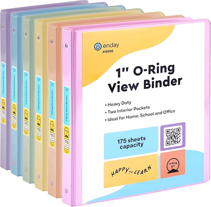 Enday 1 inch Binder 3 Ring Binder (6 Pack - Assorted Colors) O-Ring Binder with Clear View Cover and 2 Inside Pocket - for Letter Size 8.5 x 11'' Paper, Ideal for School Supplies, Office, and Home