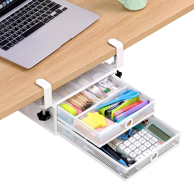 Under Desk Drawer, Clamp on Desk Organizer Slide Out Table Storage No Drill | 2Tier Under desk drawer: clamp on desk organizer, under desk drawer slide out, hanging desk organizer, no drill table storage