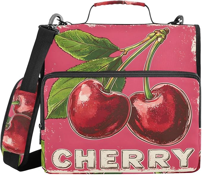 Red Cherry Print 3 Ring Binder Bag 1.5 inch Binder Organizer with Zipper Shoulder Strap 500 Sheet Documents Storage for School Office
