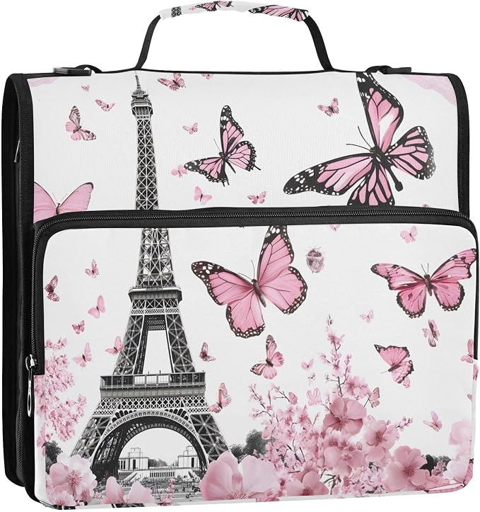 MNSRUU 3 Ring Binder Bag, 2 Inch D-Rings Easily Organizes 1 Inch Fits Letter Sized Paper, Eiffel Tower Butterflies Large 3 Hole Zipper Binder Organizer for School Office Supplies