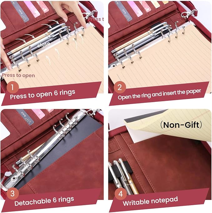 A5 Binder 6 Ring with Zipper, Portable Planner for Travel & Study | Faux leather A5 planner with detachable 6 rings, lined pages, pouches, card slots and pen holder for daily use.