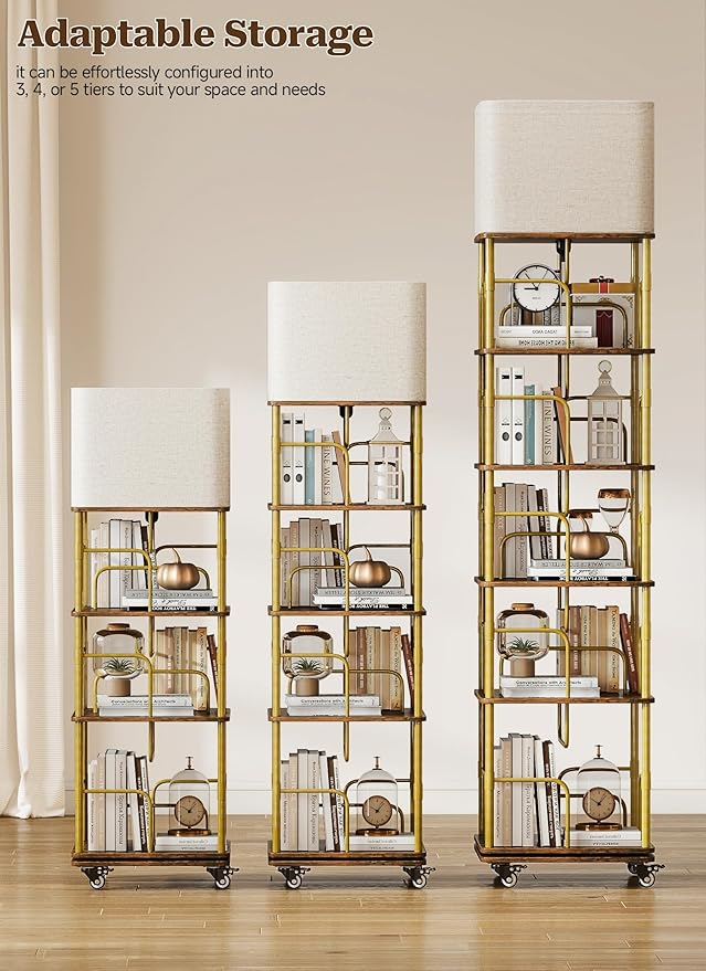 5 Tier Gold Rotating Bookshelf with Light, Square Revolving Book Shelf Tower with Wheels, 360 Display Corner Shelves with Large Capacity for Small and Narrow Space, Office, Living and Bed Room