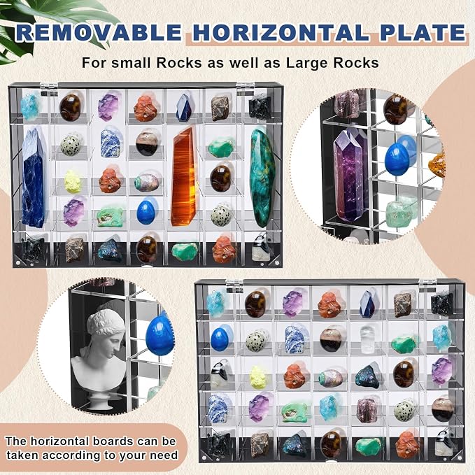 Cinnvoice Rock Display Case 35 Grids,Black Border,Square | Adjustable Acrylic Display Case, Crystal Organizer for Collectible, with Built-in Mirrored, Magnetic Door, Wall Mount