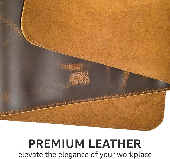 LEATHER VILLAGE Real Leather Desk Pad 3mm Thick Double Layer Desk Mat Brown | 32''x16'', Cover Blotter Large Full Grain Protector for Keyboard, Mouse & Laptop, Office Table Mat & Desktop Accessories