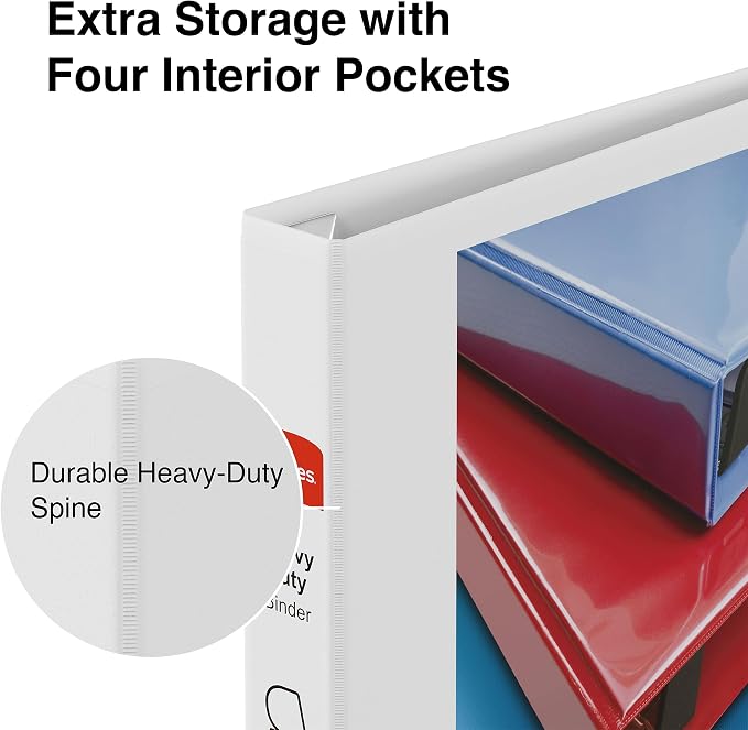 Staples Heavy Duty 1" 3-Ring View Binder, D-Ring, White, 4/Pack