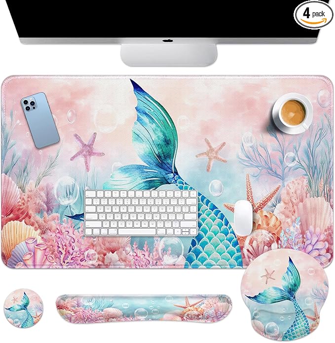 Keyboard Mouse Pad Set, 4 in 1 Desk Mat Set, Mermaid Pink Cute | Large Mousepad+Keyboard Wrist Rest+Mouse Wrist Rest+Coaster Ergonomic Design for Home Office Computer