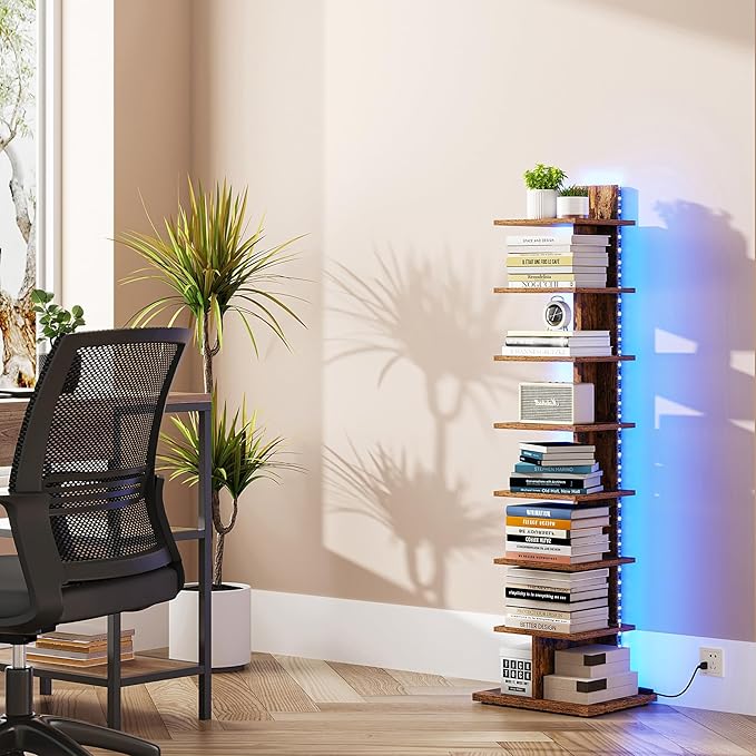 TUTOTAK Book Shelf, Narrow Spine Bookshelf, 8-Tier Bookcase with LED Lights | 10.4 x 13.4 x 47.5 Inches Vertical Freestanding Corner Shelf for Living Room, Office, Small Space, Brown BS06BB008L