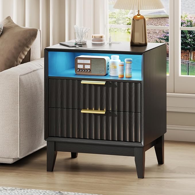 20“ W Fluted LED Nightstand with Charging Station, RFID Lock, Black | Bedside Table with Hidden Drawer, 2 Drawers, Open Cubby, Motion Sensor, USB and Type-C Ports, Night Stand for Bedroom