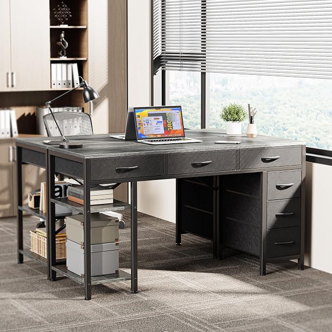 Huuger Computer Desk with 6 Drawers, Office Desk with Shelves, Reversible Gaming Desk, Corner Desk with Storage, Work for Home Office, Study, Living Room, 47inch, Grey