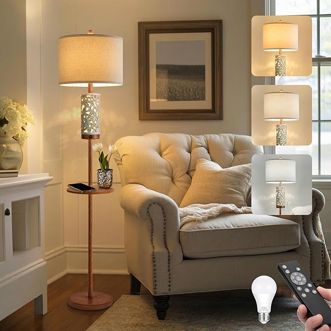 Dimmable Farmhouse Floor Lamp for Living Room, 2-in-1 Rustic Floor Lamp with Main&Night Light,Linen Shade&Dual Switches, 65" Standing Lamp for Bedroom Office Corner Dining Room, Wood Pole Lamp