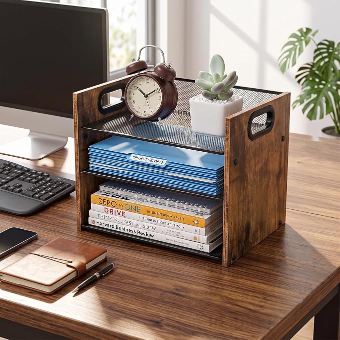 Desk Organizer - 3 Tier Wood & Metal Mesh Desktop Organizer for Office, Home, School, Workspace, Office Desk Organzier for Papers, Mail, Notebooks, Stationery